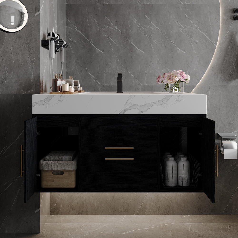 English Elm 39.4 Inch Floating Bathroom Vanity Sintered Stone Top Solid Wood 2 Soft Close Drawers W3136S00081