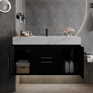 English Elm 39.4 Inch Floating Bathroom Vanity Sintered Stone Top Solid Wood 2 Soft Close Drawers W3136S00081