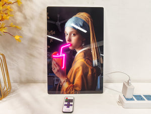 English Elm 24X16 Neon Style Led Wall Art – Illuminated Girl With Pearl Earring Acrylic Print For Modern Spaces T3976P383261
