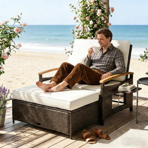 English Elm 4-in-1 Wicker Outdoor Daybed with Acacia Armrests Reclining Loveseat and Storage Ottoman T3971P484810