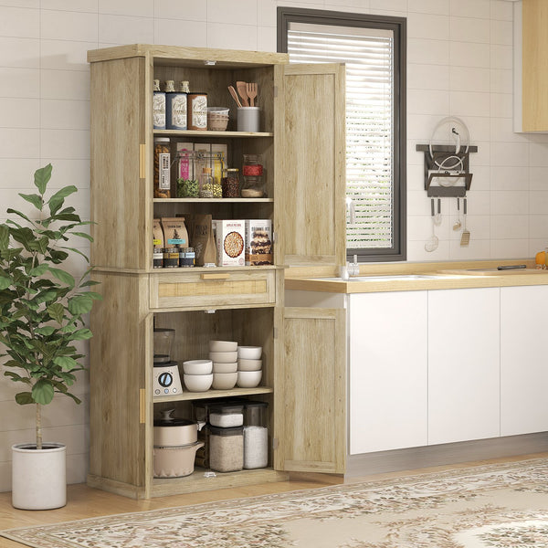 English Elm Homcom 72" Tall Boho Pantry Cabinet With Rattan Panels, 5-Tier Storage, Adjustable Shelves, Oak Finish W2225P229259