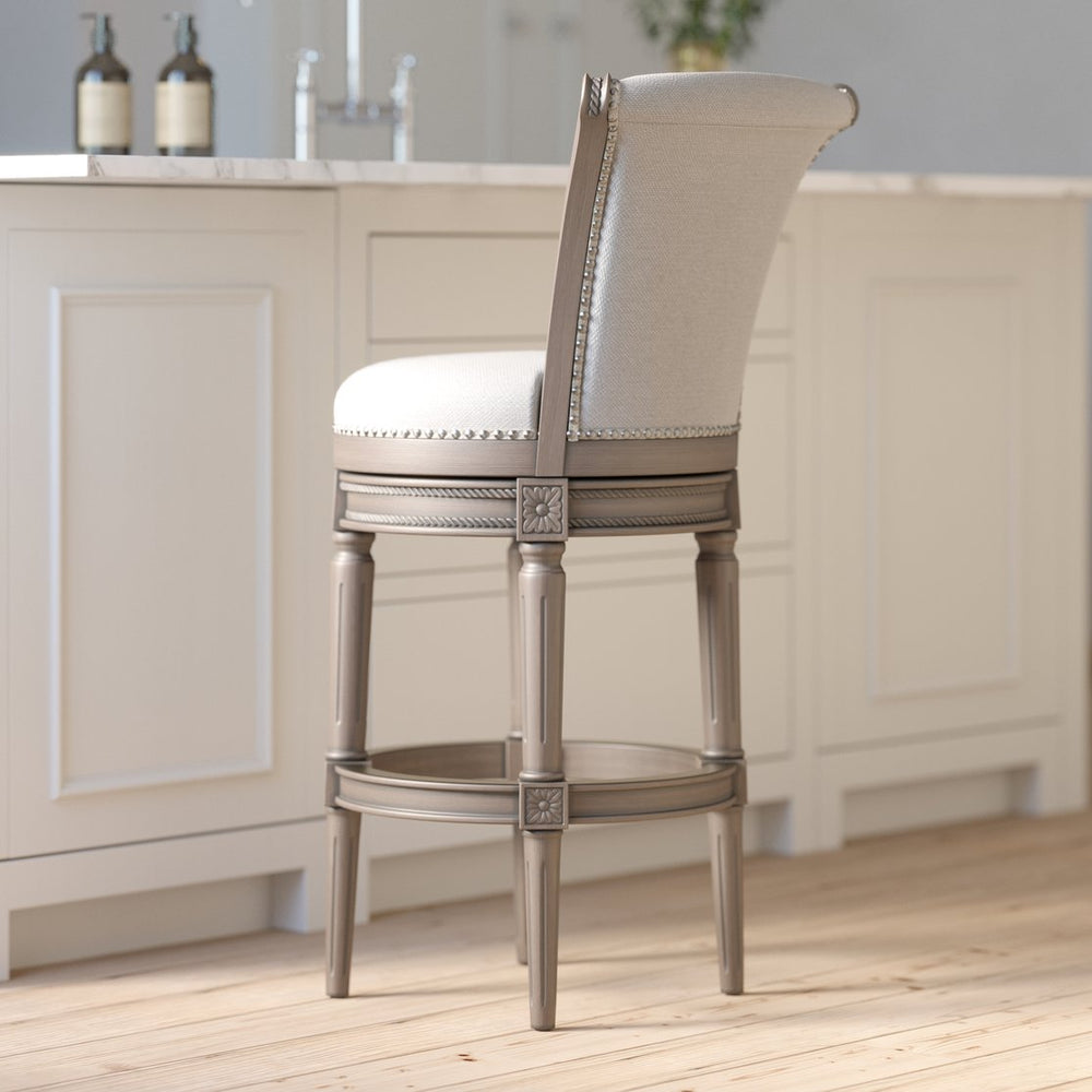 English Elm 26in. Wood High-back Swivel Barstool Farmhouse Style Nailhead Upholstered Kitchen Seat Gray B2751P436431
