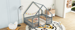 English Elm Full House-Shaped Floor Bed with Fence and Guardrails, Pine Wood Play Loft for Imaginative Kids Retreat Grey W504P143293