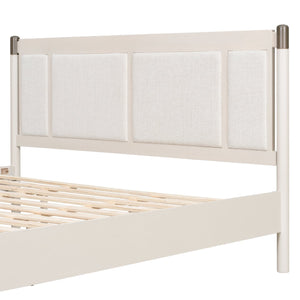 English Elm Solid Pine King Platform Bed with Upholstered Headboard and Industrial Metal Accents Grey,Light Grey N770PK361419E