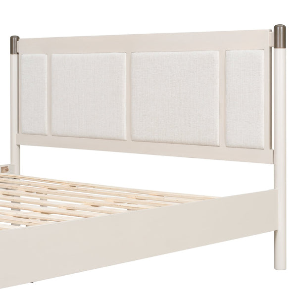 English Elm Solid Pine King Platform Bed with Upholstered Headboard and Industrial Metal Accents Grey,Light Grey N770PK361419E