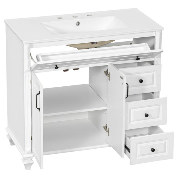 English Elm 36" Elegant Bathroom Vanity With Ceramic Sink, Solid Wood Cabinet, Modern Storage & Black Handles N725P356069K