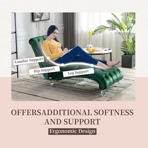 English Elm Velvet Curved Chaise Lounge Sofa with Button-Tufted Upholstery, Foam Seat, Acrylic Legs, Stylish Relaxation Emerald W39538677