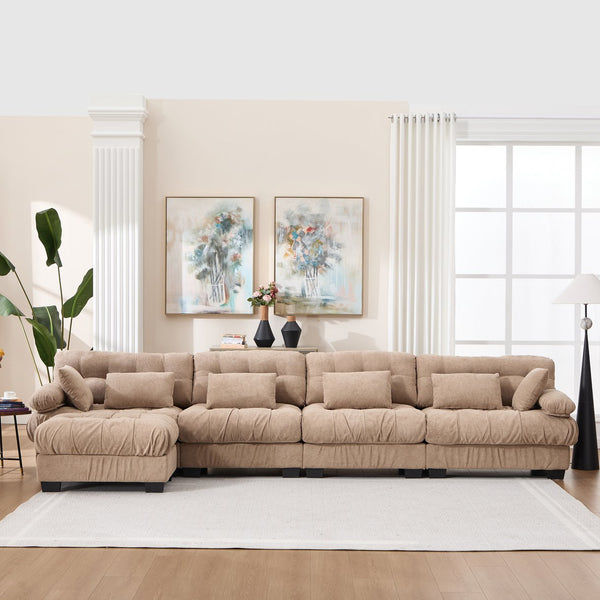 English Elm Modular Cloud Sofa Deep Seat Flannelette Sectional with Round Armrests for Living Room Light Brown W2120S00046