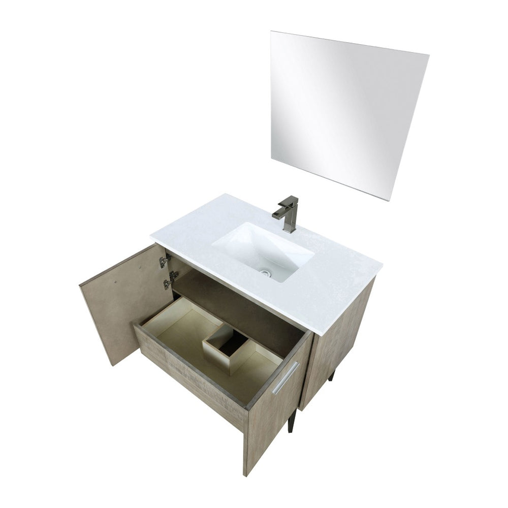 English Elm Rustic Acacia Bath Vanity Set With White Quartz Top, Gun Metal Faucet & 28" Mirror For Modern Style B2731S01933-GIGA
