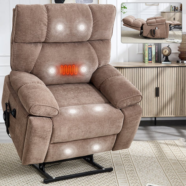 English Elm Beige Chenille Power Lift Recliner Dual Motor Massage Heat 350 Lb Capacity Brown W1803P264024