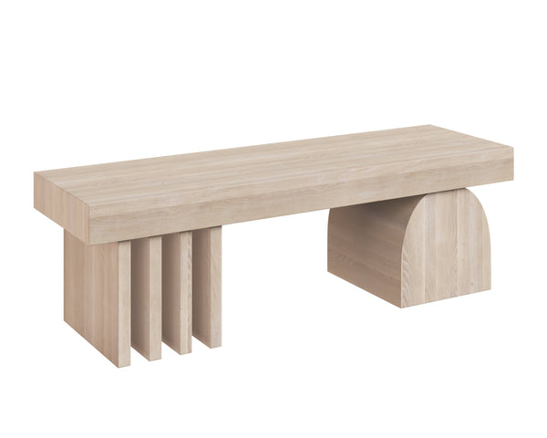 Sunpan Cadence Contemporary Bench - Solid Light Oak with Geometric Base, Unique Whitewash Finish, 59" Design