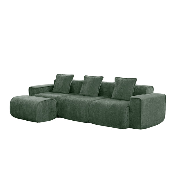 English Elm Streamlined Velvet L-shaped Sectional Sofa with Ottoman and Cloud Cushion Living Room Green W3041S00366