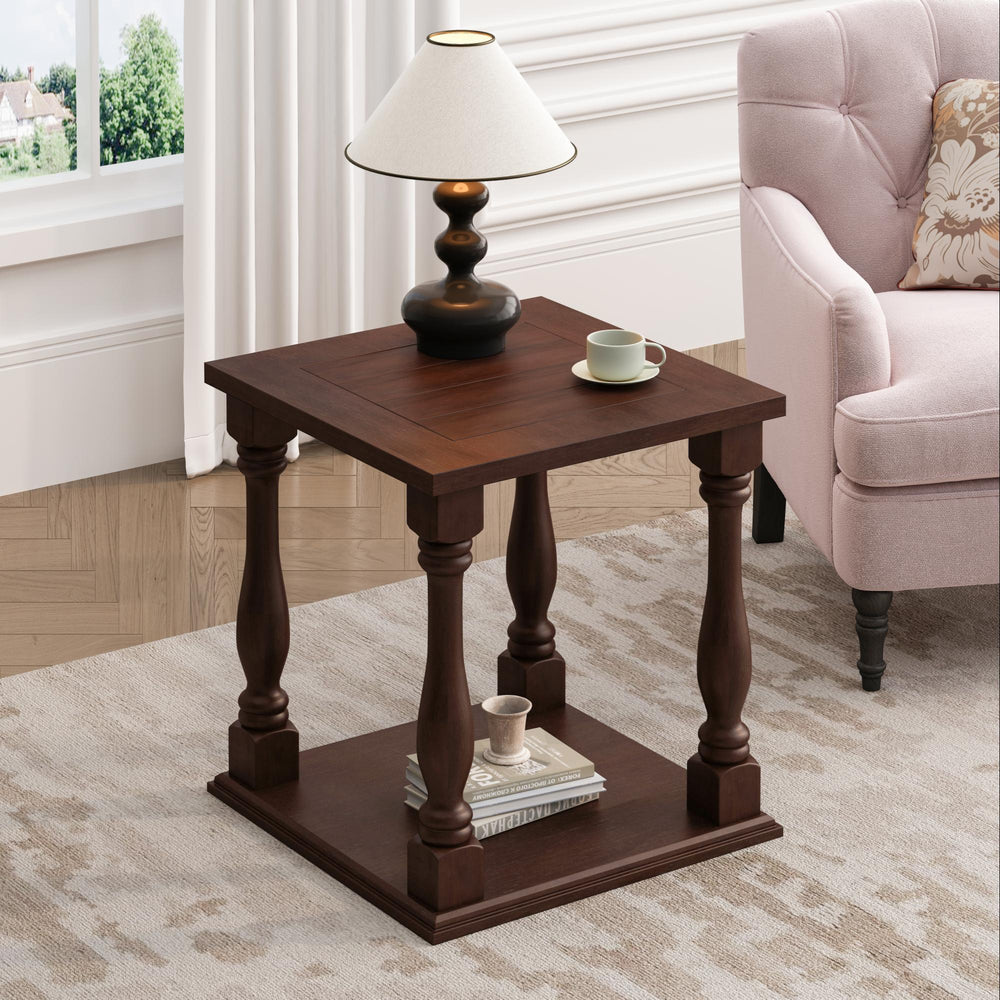 English Elm Antique Coffee Colored Side Table with Rubbed Gris Finish, 2-Tier Square Accent Table, Solid Wood Legs W869P372426