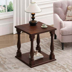 English Elm Antique Coffee Colored Side Table with Rubbed Gris Finish, 2-Tier Square Accent Table, Solid Wood Legs W869P372426