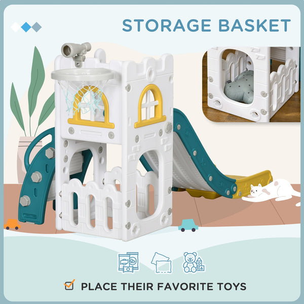 English Elm Qaba Toddler Indoor Playset with Slide Climber Basketball Hoop Telescope Storage W2225P217348