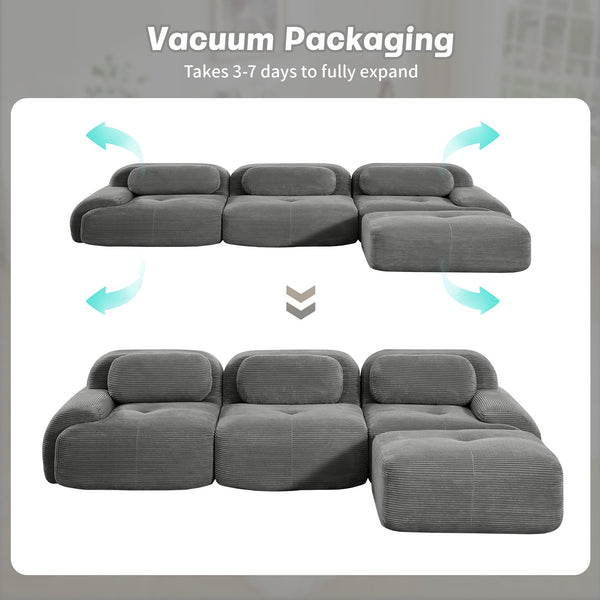 English Elm L-shaped Modular Corduroy Sectional Sofa Ergonomic Low Profile Living Room Seating Grey W714S01267