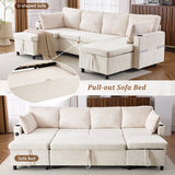 English Elm 111.8" Sectional Sofa Pull-Out Sofa Bed Versatile Sofa Sleeper With Large Storage Space, Two Usb Ports and Two Cup Holders For Living Room, Beige