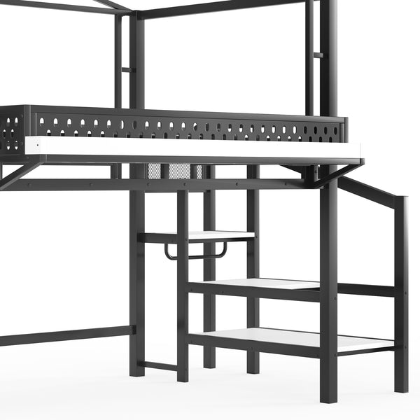 English Elm Twin Metal Loft Bed with Built-in Wardrobe Storage Stairs Led Lights and Usb Ports W5316S00047