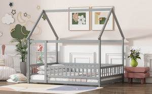 English Elm Full Size House Bed Frame With Roof, Safety Guardrails, Grey Finish - Perfect For Kids' Room Fun! W504P286407