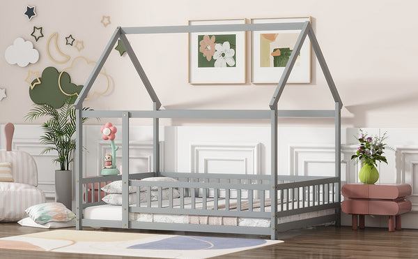 English Elm Full Size House Bed Frame With Roof, Safety Guardrails, Grey Finish - Perfect For Kids' Room Fun! W504P286407