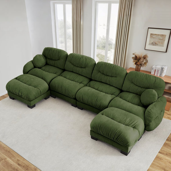 English Elm Pleated Chenille U-shape Modular Sectional Sofa with Ottomans and Ergonomic Foam Cushions Green W5656S00054