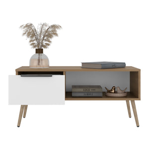English Elm White Scandinavian Coffee Table with Oak Finish Open Shelf and Integrated Drawer B062P476861