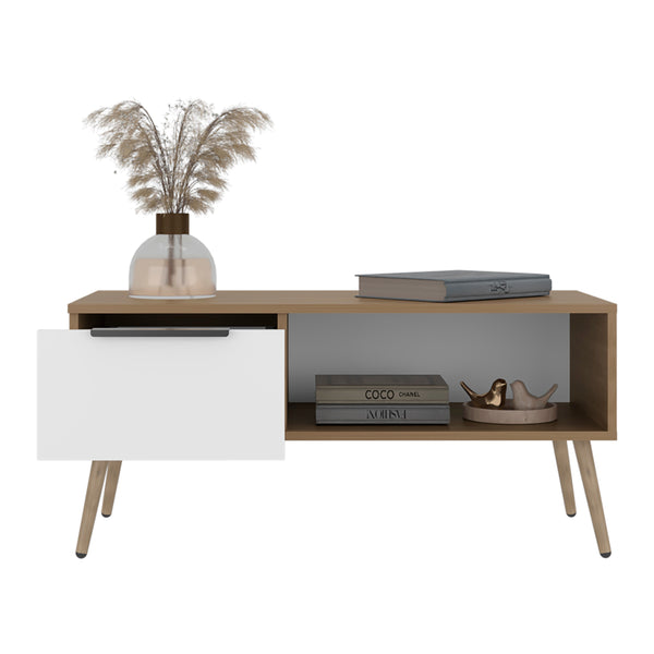 English Elm White Scandinavian Coffee Table with Oak Finish Open Shelf and Integrated Drawer B062P476861