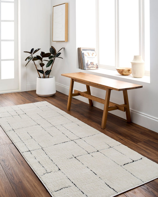 Livabliss Freud Swirl Geometric High Pile Polyester Runner Rug for Hallway or Entryway Ivory, Black 5'3" x 7' FEU2300-537
