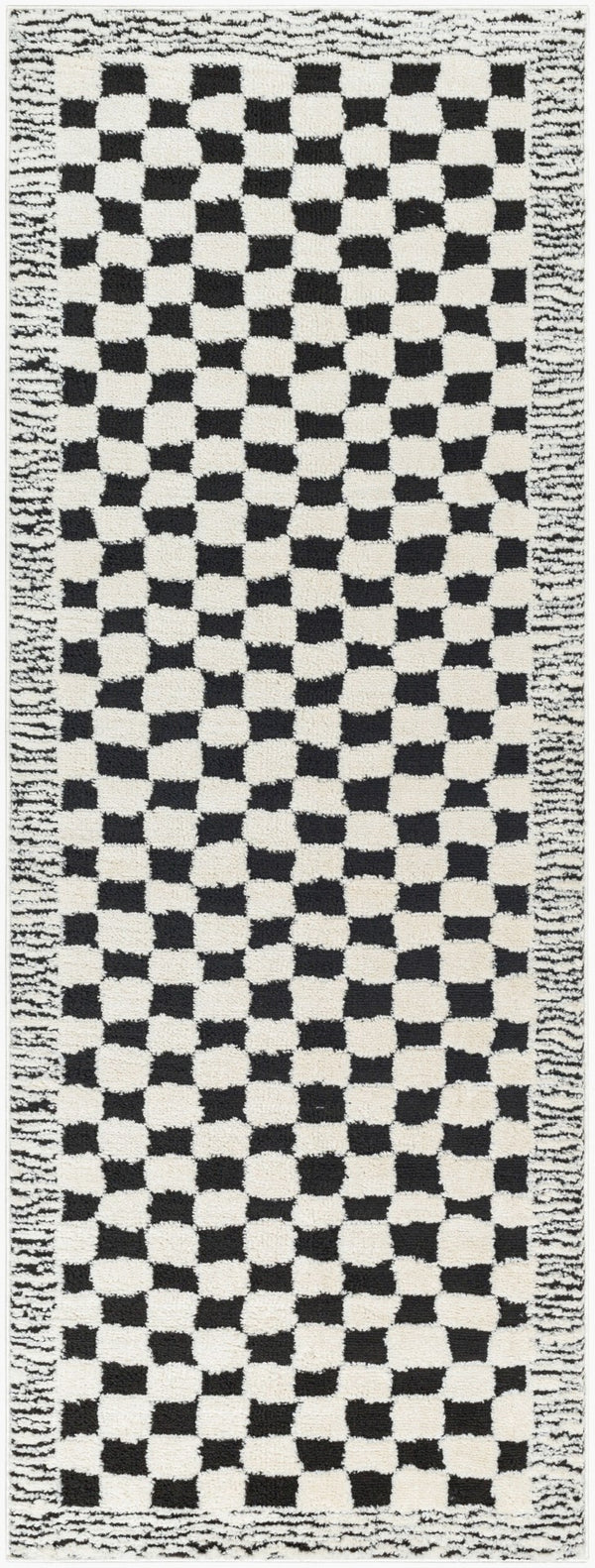 Livabliss Freud Plush Polyester Runner Rug Turkey Woven Soft High Pile Hallway Entryway Ivory, Black 2'7" x 7'3" FEU2325-2773