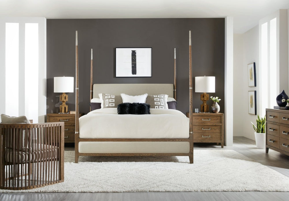 Hooker Furniture Chapman Four Poster Queen Bed With Upholstered Taupe Headboard, Hand‑Hammered Pewter Posts & Oak Veneer 89.75 L x 64.50W x 90.25H 6033-90450-85