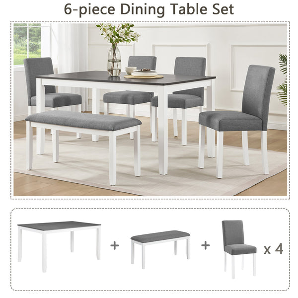 English Elm 6 Piece Rubberwood Dining Set with Bench and Linen Chairs for Transitional Kitchen W1998S00098