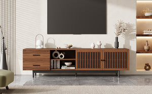 English Elm 78 Inch Walnut Media Console with Slatted Doors Solid Wood Legs and Cable Management N710P374705P
