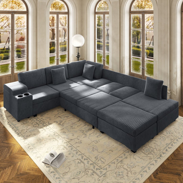 English Elm 110.2" Corduroy Sectional Sleeper Sofa with Ottoman Usb Ports Storage Armrests Living Room Dark Gray W3219S00012