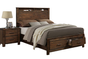 English Elm Modern Oak Veneer Eastern King Platform Bed with Headboard Shelving and Underbed Drawers B011S02144