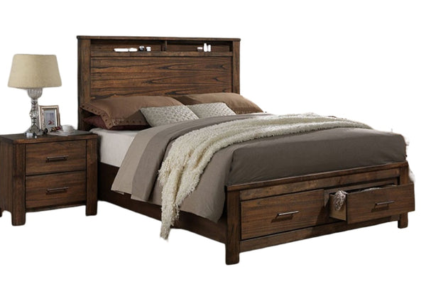 English Elm Modern Oak Veneer Eastern King Platform Bed with Headboard Shelving and Underbed Drawers B011S02144