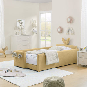 English Elm Twin Boucle Upholstered Kids Bed with Rabbit Ear Headboard Safety Rail and Side Pocket W1413P410784