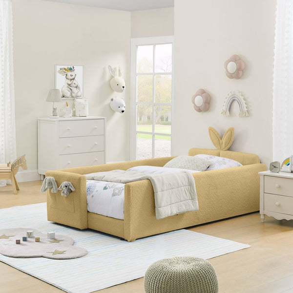 English Elm Twin Boucle Upholstered Kids Bed with Rabbit Ear Headboard Safety Rail and Side Pocket W1413P410784