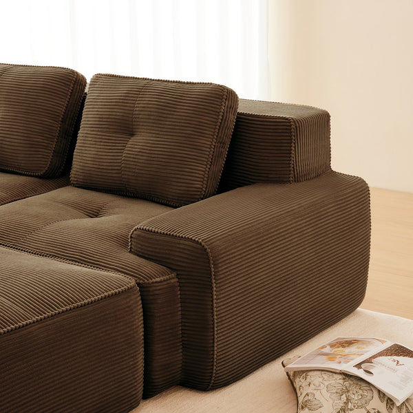 English Elm Modern Corduroy Sectional Sofa Deep Seat V Shape Tufted Couch with Movable Ottoman Brown W714S01576