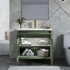 English Elm 35.6" Freestanding Bathroom Vanity with Roman Column Base and Ceramic Integrated Sink Green W1801S00014