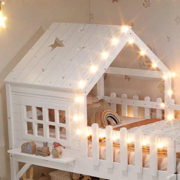 English Elm Twin Playhouse Loft Bed Solid Pine Frame with Slide Led Lights and Star Roof White W5316S00001