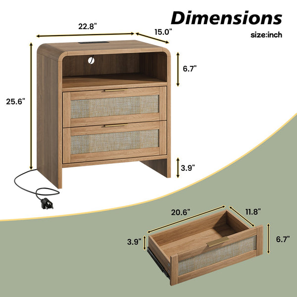 English Elm Rattan Drawer Nightstand Set with Built-in Charging Station and Open Shelf Bedroom Storage Caramel W1820P410556