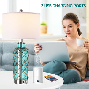 English Elm Cottage Blown Glass Rope Net Bedside Lamp Set Coastal Nautical Touch Dimmer Usb W3355P465377