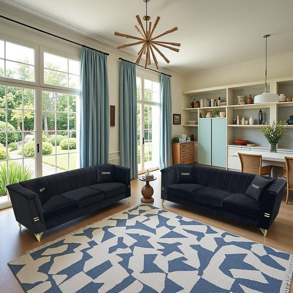 English Elm FX-P82-2PC Velvet Sofa Set of 2 — Plush Tufted 3-Seater Couches with Gold Metal Legs for Stylish Homes Black W576S00241