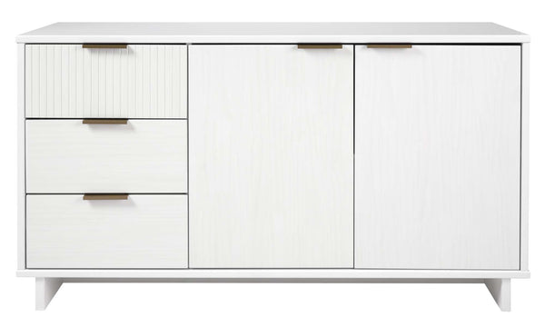 English Elm Granville 55" Sideboard in White Solid Wood with Ribbed Drawers, Gold Handles, 3 Shelves, 50" TV Ready B365S00114