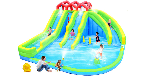English Elm 7 in 1 Inflatable Backyard Water Park with Triple Slides Climbing Wall and Sprinkler W1677P247457