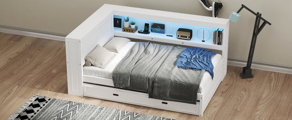 English Elm Full Pine Daybed with Trundle Sliding Storage Shelves Led Lighting and Usb Charging White GX004003AAK