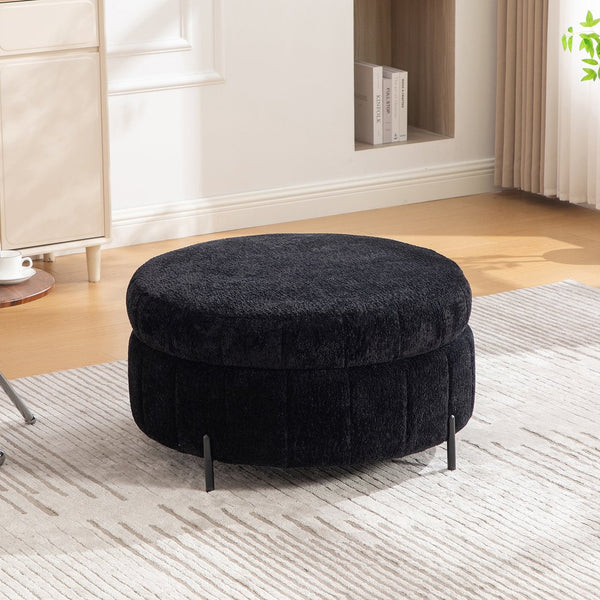 English Elm 31.3"w Chenille Channel Tufted Round Storage Ottoman Sculptural Pumpkin Seat for Any Room Black W3118P439479