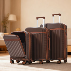 English Elm Luggage 3 Piece Abs Hard Shell Set with Usb Port Front Access and Spinner Wheels Brown N726P307555B