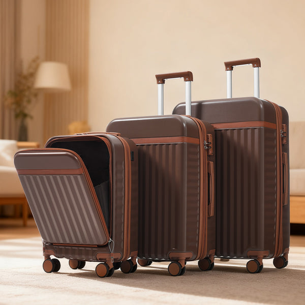 English Elm Luggage 3 Piece Abs Hard Shell Set with Usb Port Front Access and Spinner Wheels Brown N726P307555B