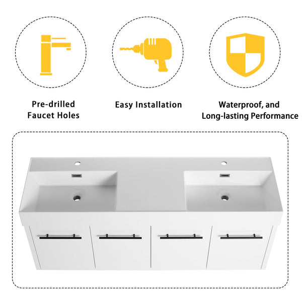 English Elm 60 Inch Wall-Mounted Bathroom Vanity With Double Resin Sink, Modern Design For Space-Saving Style W999S00252